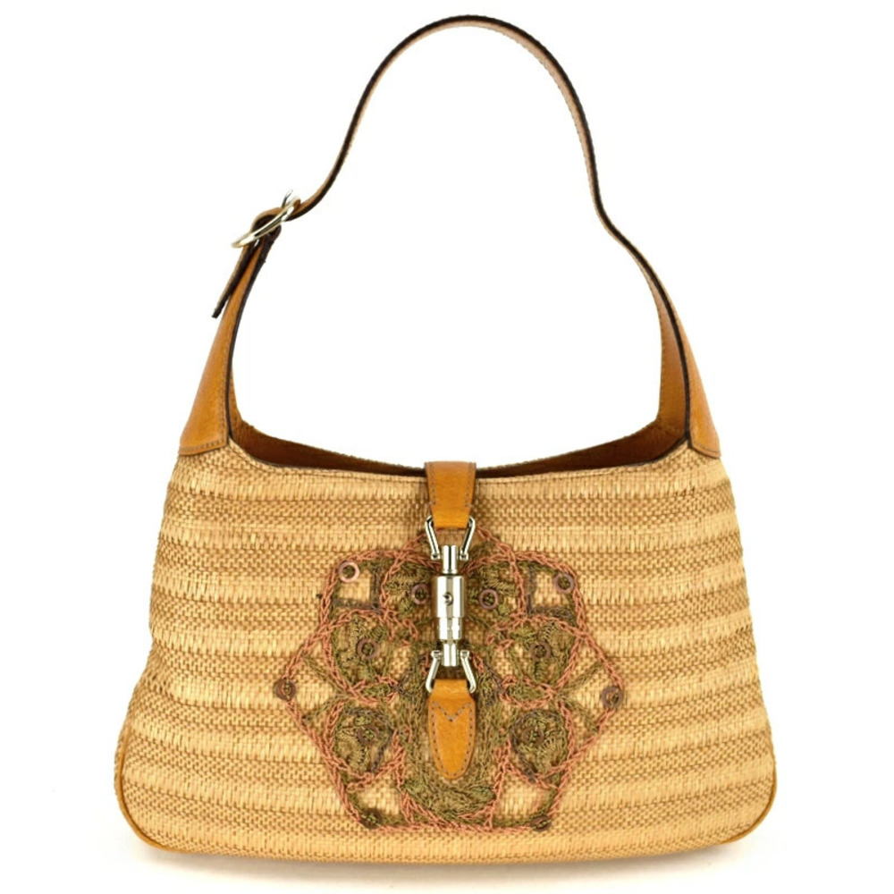 Gucci Hobo Jackie Leather Straw Tan Embroidery Mustard Yellow Beige Shoulder